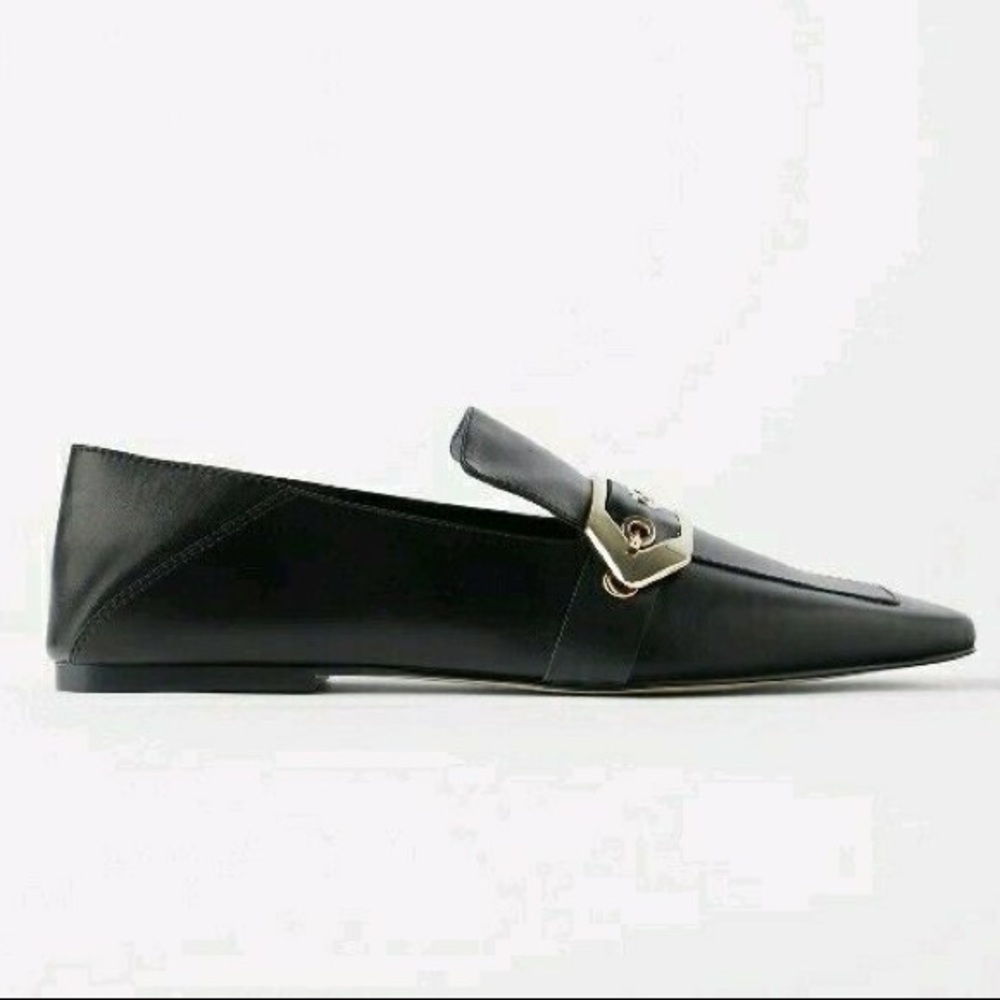 Zara Black Pointed Leather Loafers with Gold Buckle